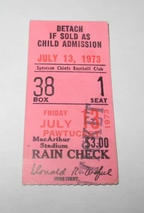 1973 Baseball Syracuse Chiefs Pawtucket Red Sox Ticket International League 7/13 - Picture 1 of 2