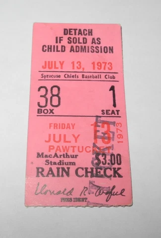 1973 Baseball Syracuse Chiefs Pawtucket Red Sox Ticket International League 7/13 Cover