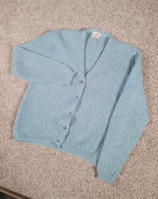 Vintage 60s Mohair Cardigan Sweater Blue Small Boucle Knit Womens ILGWU V-Neck - Image 1 of 4