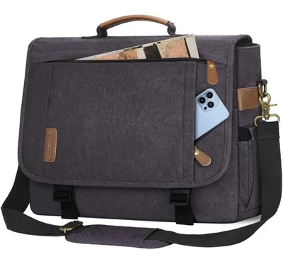 Bolso Mensajero Hombre 17-17.3" Laptop Impermeable Gris Lona Computadora Maletín Foto 1 de 4