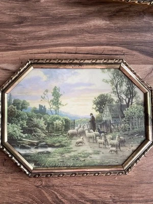 Bild Schäfer Landleben Naiv Druck  alt inkl. Vintage Rahmen aus Metall - Bild 1 von 3