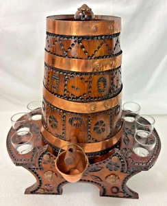 Rare Wood Barrel Decanter Set With 6 Shot Glasses & Stand ~ Vintage & Unique 12" - Picture 1 of 20
