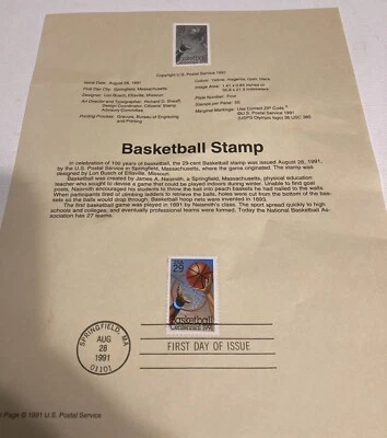 Basketball Centennial 29c Stamp Souvenir Page Fdc Sc#2560  1991 Issue - Image 1 of 4