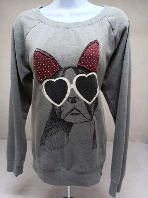 VANS Womens Extra Large Gray Bulldog Heart Sunglasses Raised Ears Sweatshirt - Image 1 of 4