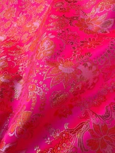 Neon Pink & Orange Floral - Faux Silk Brocade Jacquard Fabric - Picture 1 of 5