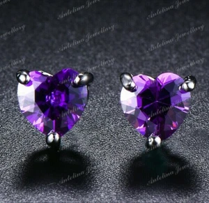 3 Ct Heart Purple Simulated Amethyst Solitaire Earrings 14K White Gold Plated - Picture 1 of 7