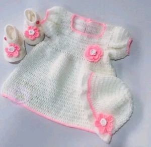 Infant Baby Girl Soft Handmade Crochet Dress New-born Kids Frock Shoes Hat Set - Picture 1 of 4