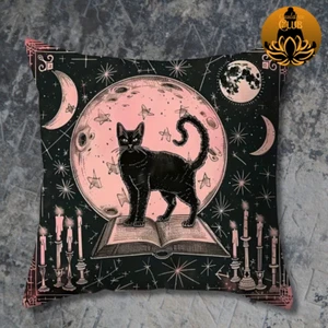 Black Cat Book Moon Stars Cushion Cover Wiccan Pagan Pillow Cover Only Pink UK - Picture 1 of 2