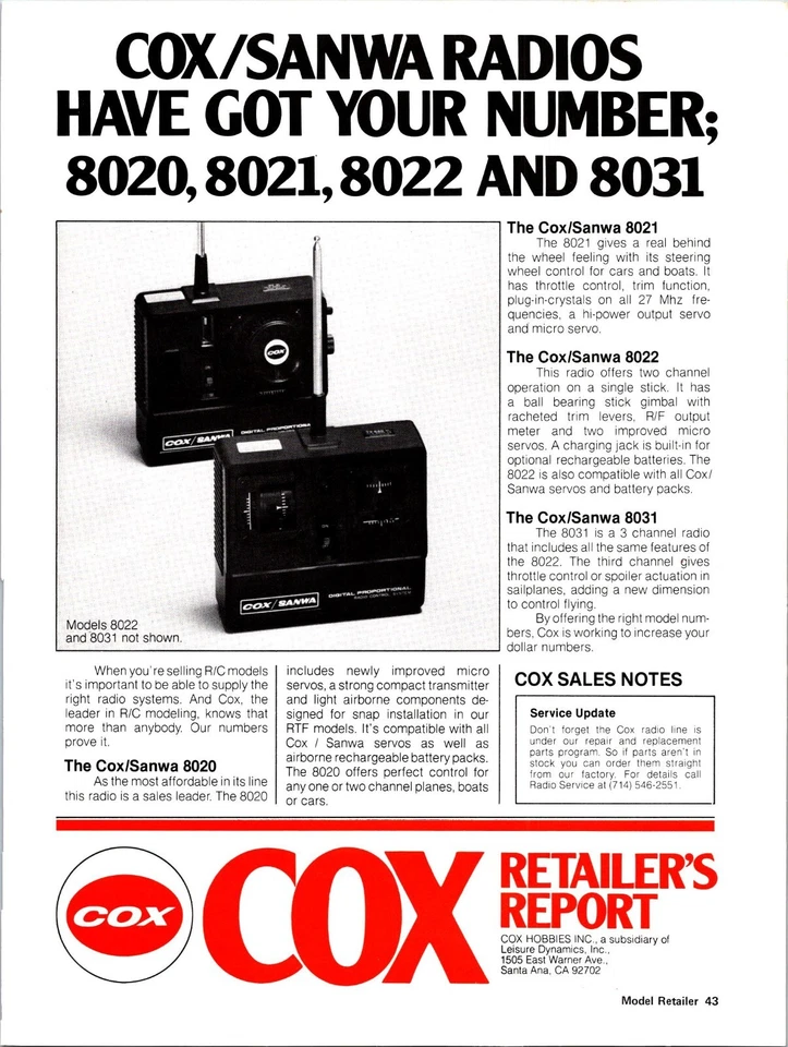 Cox Sanwa Radio System Print Ad Ephemera Wall Art Decor 8022 & 8031 Series - Image 1 of 1