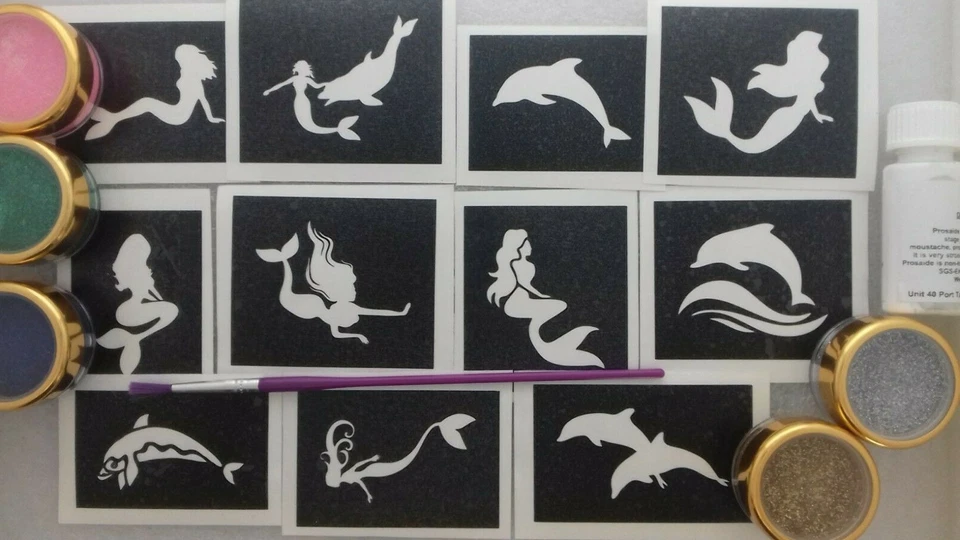 DAZZLE GLITTER TATTOOS Dolphin & Mermaid themed temporary glitter tattoo set Ariel