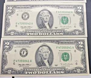 Lot of (10) TEN SEQUENTIAL UNCIRCULATED 1995 Two Dollar Bills $2 Bills - Picture 1 of 7