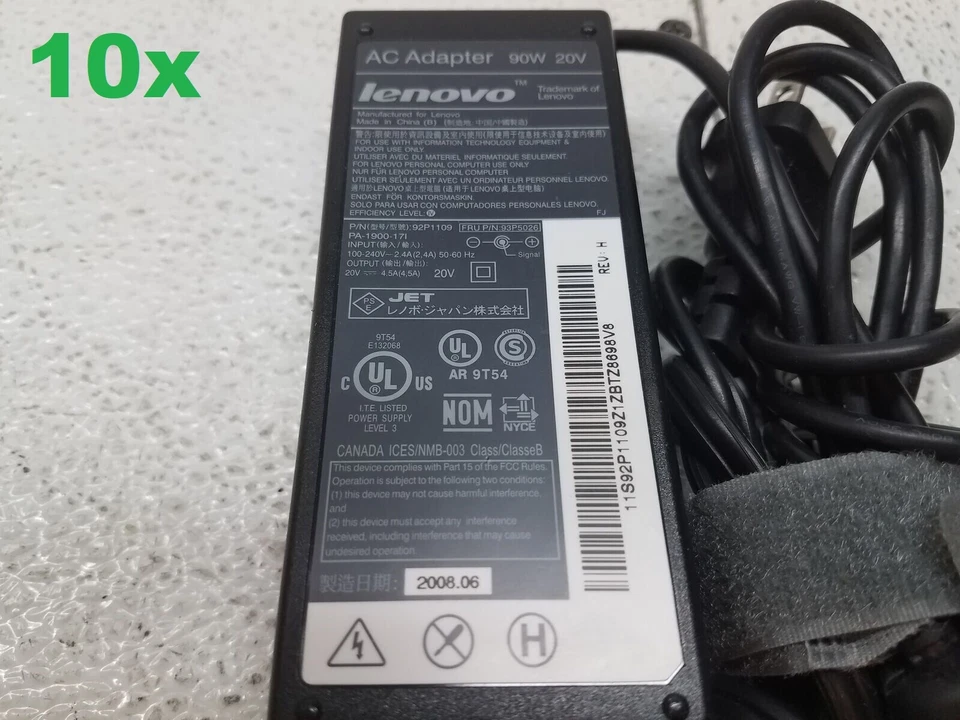 Lote de 10 Cargadores Adaptador de Corriente Genuinos Lenovo 90W 20V para Portátil 92P1109 con Cables Foto 1 de 4