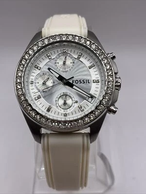 Fossil Decker Chronograph Watch Women Pave Silver Tone Date Round- New Battery - Image 1 of 4