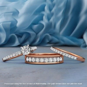 3Ct Round Cut Created VVS1 Diamond His & Her Trio Ring Set 14K Rose Gold Finish - Picture 1 of 15