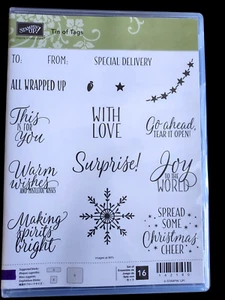 Stampin' Up! TIN OF TAGS (16) Stamps Set-SAYINGS & FESTIVE STAMPS, NEW, RETIRED - Picture 1 of 2
