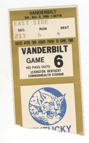 Vanderbilt Kentucky 11/8/86 NCAA Football Ticket Stub! Wildcats 34 Commodores 22 Cover