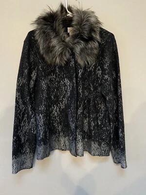 Chicos Womens Gray Silver Snap Faux Fur Collar Cardigan Size 3 - Image 1 of 4