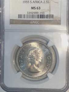 South Africa, 1955, 2 1/2 Schilling, silver coin, Uncirculated, NGC, MS-63 - Picture 1 of 4