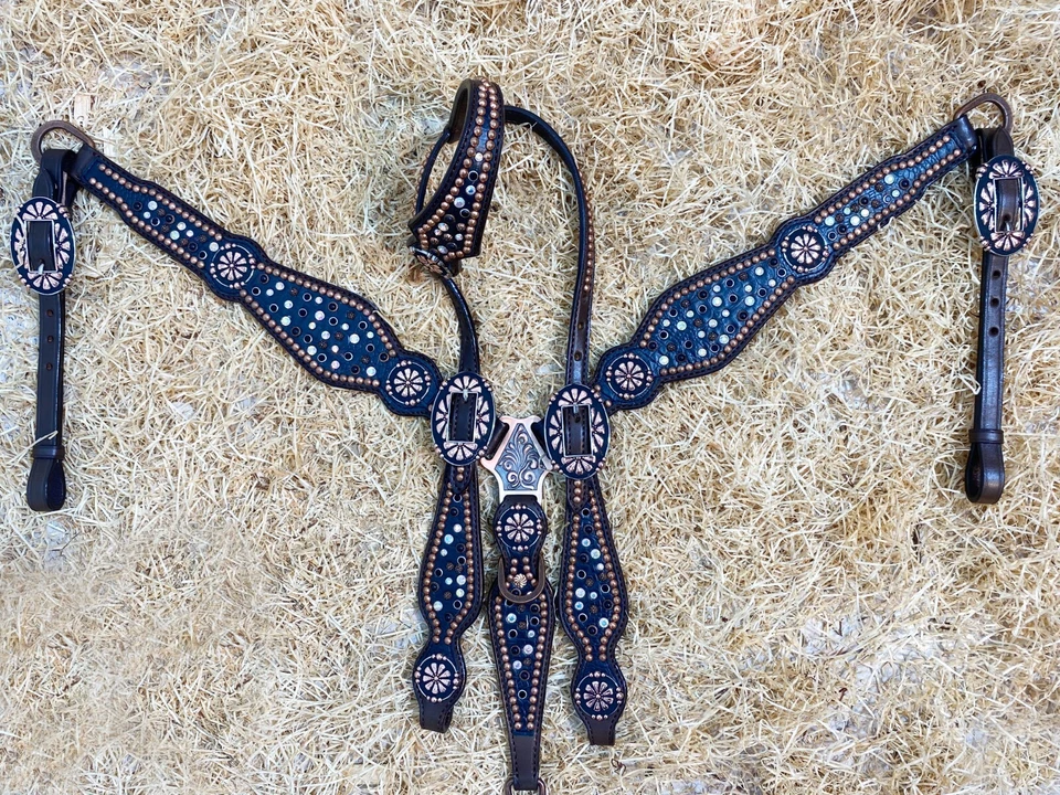 Leather Horse Headstall Set with Black Rhinestone Along with Copper Studs MOUSM - Image 1 of 4