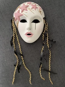 Vintage New Orleans Mardi Gras Ceramic Clay Female Face Mask w/Pink Stars & Lips - Picture 1 of 7