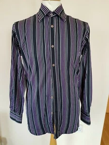 DUCHAMP Black & Purple STRIPED Collared SHIRT 15½ 39 L 42" Chest Long Sleeve Top - Picture 1 of 21