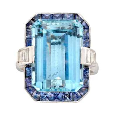 13.80 CT Blue Aquamarine & Sapphire With White CZ Women's Cluster Ring In Silver - Image 1 of 4