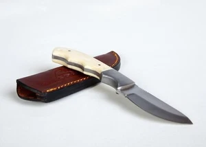 6.75" Full Tang Drop Point Hunter/Skinner, Bone Handle + Nice Leather Sheath - Picture 1 of 13