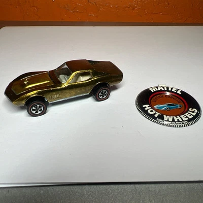 Custom Corvette Gold White Int. 1968 Redline Hot Wheels Mattel Vintage W/ Button - Image 1 of 4