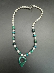 Chrysocolla Gemstone Freshwater Pearl Necklace 19” 35.2g Carved Heart Pendant - Picture 1 of 24