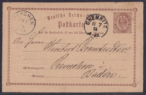75635) RENCHEN Baden 1874 P1 mit Absendereinprägung aus CHEMNITZ - Bild 1 von 3