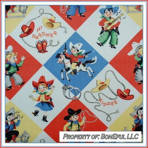 BonEful Fabric FQ Cotton Quilt Block Blue VTG Cow*boy Girl Horse Pony Music Hat - Picture 1 of 13
