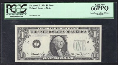 1974 $1 FRN “INSUFFICIENT INKING OF GREEN OVERPRINT ERROR” PCGS GEM UNC-66PPQ - Image 1 of 2