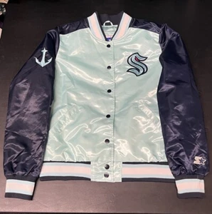 STARTER Seattle Kraken NHL Satin Bomber Jacket $140 Womens Large Blue Pre Owned - Picture 1 of 15
