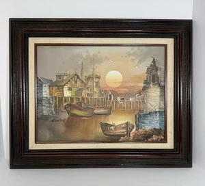 W. Zeller Ölgemälde 22 "X18" Küste Sonnenuntergang Szene gerahmt. Angelort - Bild 1 von 9