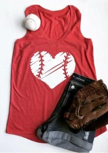 Camiseta sin mangas para mujer XL roja camiseta sin mangas deportiva con gráfico de corazón de béisbol - Imagen 1 de 5
