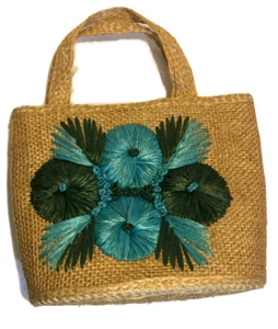 Vtg Rattan Raffia Straw Sun Purse Bag Floral 50s 60s Retro Glam Rockabilly - Picture 1 of 6