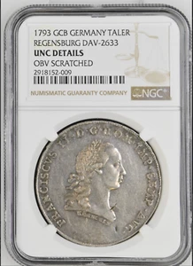 UNC! 1793 GCB Germany Regensburg Taler Thaler DAV-2633 NGC UNC - Picture 1 of 2