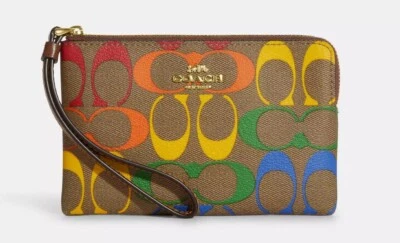NWT COACH Corner Zip Wristlet In Rainbow Signature Canvas Leather Khaki Multi - Image 1 of 2