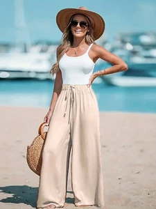 Damenhose Kordelzug Taille weites Bein locker fließend Loungehose mit Taschen - Bild 1 von 18