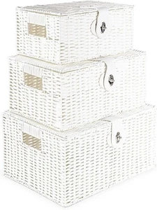 Set 3 Storage Resin Wicker Baskets Hamper Stackable Woven Lock Lid Box White - Picture 1 of 4