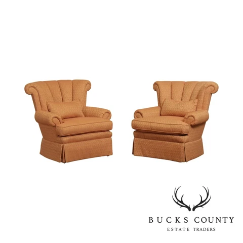 Julia Gray Custom Upholstered Pair Channel Back Lounge Chairs Cover