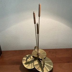 Vintage Brutalist Metal Copper Brass Finish Wood Cattails Sculpture 13” MCM - Picture 1 of 8