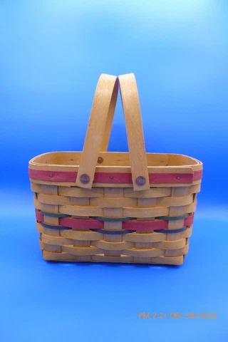 Longaberger Basket Swing Handles Green, Blue & Red Weave 9 1/2” X  6” X 5 3/4” Cover