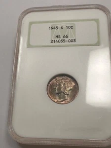 1945S MERCURY DIME /COLORFUL DBLE SIDED FULLY TONED /BIG FATTY HOLDER / NGC MS66 - Picture 1 of 5