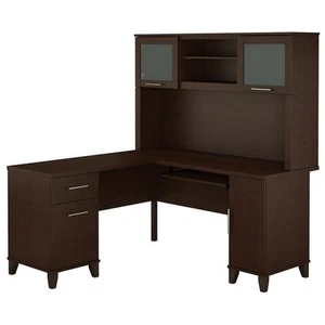 Bush Furniture Somerset 60W L Shaped Desk with Hutch in Mocha Cherry - Picture 1 of 7