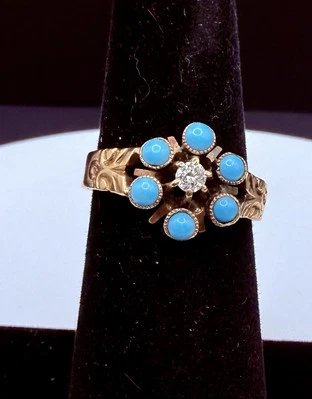 Late 19th Century Forget Me Not Ring 15k Gold Turquoise And Diamond Size 6 - Image 1 of 4