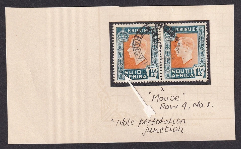 Sudáfrica 1937 Coronación 1 1/2d par, uno con DEFECTO RATÓN. SG 73a Foto 1 de 1