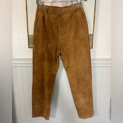 SAKS FIFTH AVE The Works 复古 100% 皮革麂皮绒棕色裤子 14 码 — 第 1/4 张图片