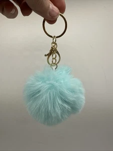Lt Blue Pom Pom Keychain Fluffy Plush Ball Key Ring Purse Charm gold (Aqua) (1) - Picture 1 of 1