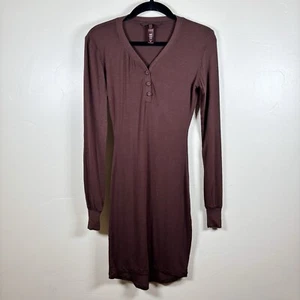 Skims Summer Sleep Henley Mini Dress XXS Cocoa Brown Stretch-Jersey Loungewear - Picture 1 of 6